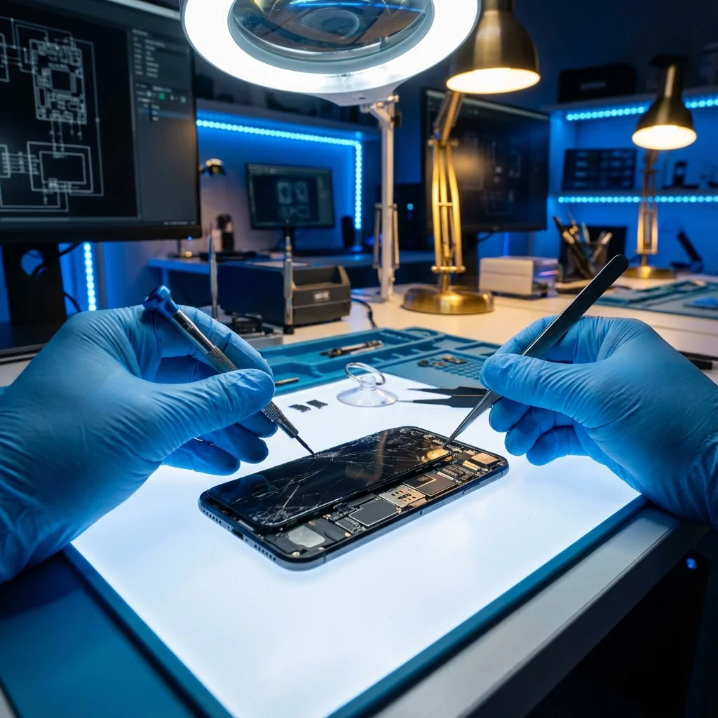 A hand holding an iPhone 16 Pro (in Desert Titanium color) in portrait orientation against a black background. The lock screen shows the time 9:41 on Monday, September 9, with a dark abstract wallpaper featuring flowing bronze-colored shapes and a colorful glowing edge around the phone.