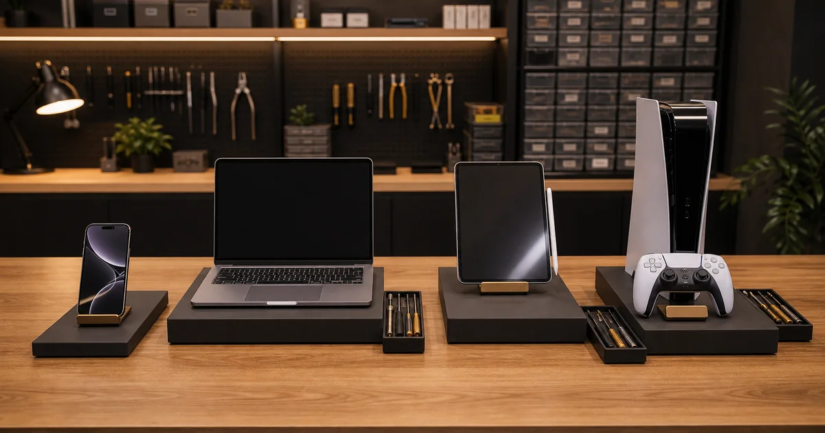 Organized repair bench showing smartphone, laptop, tablet, and game console repairs